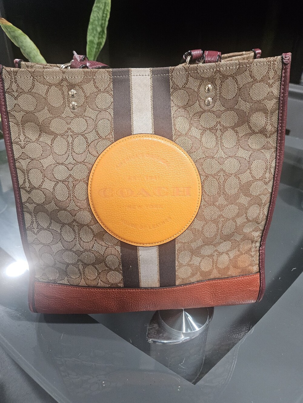 Coach Brown Signature Canvas Tote with Orange Patch and Burgundy Trim